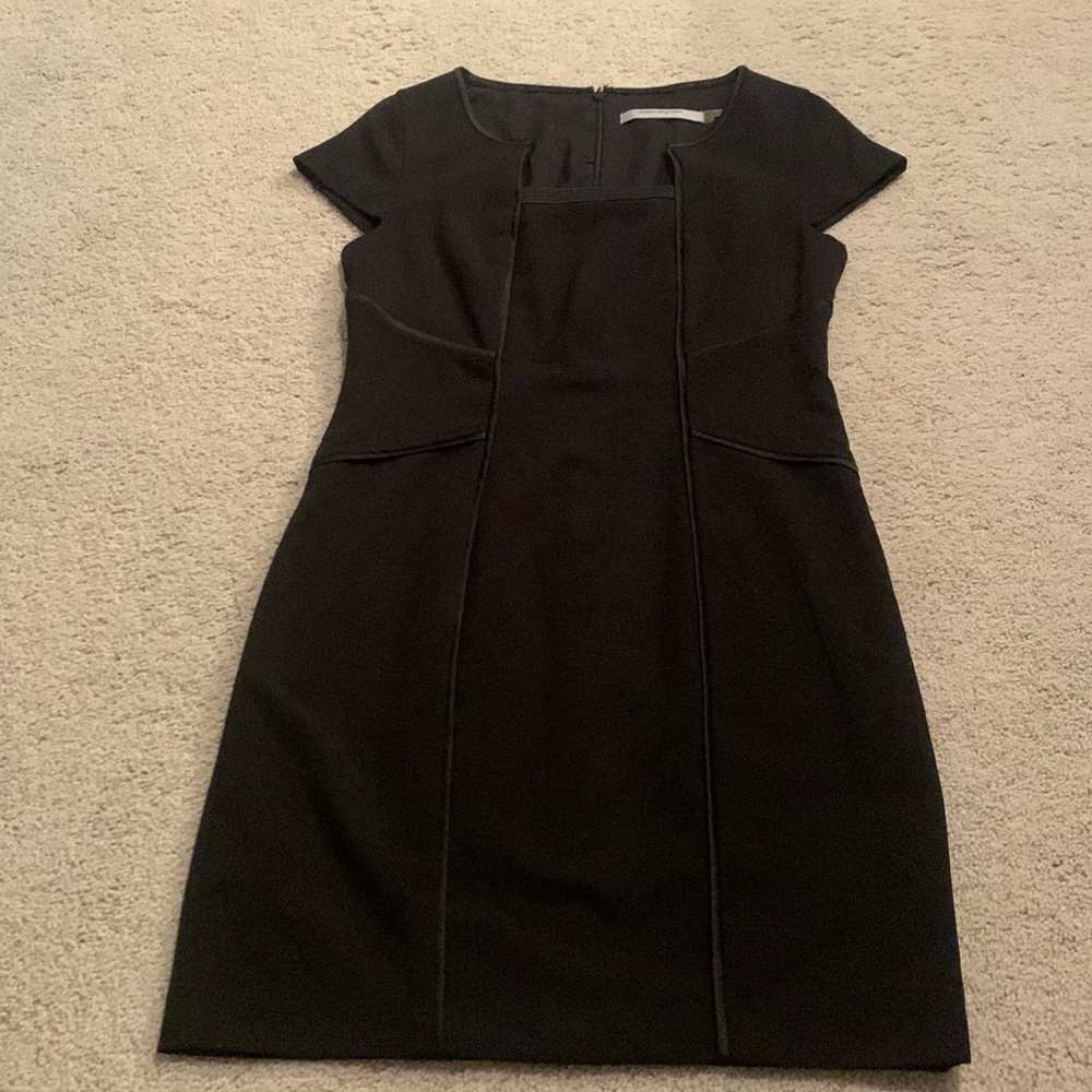 Marc New York cap sleeve pencil dress in Black, size 6P. With asymmetric details